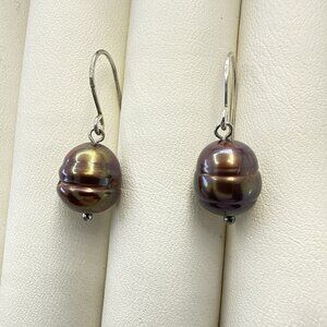 Honora Earrings Brown Bronze Pearl Ringed 9.3mm Drop Dangle 925 Sterling Hook